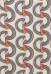 Tessuto decorato con linee curve nere ripetute, mezzi cerchi rossi e forme color sabbia su uno sfondo bianco. La texture appare liscia.