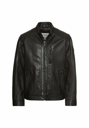 Sort læderjakke med høj krave, kviltede skulderdetaljer, lynlås foran og sidelommer med lynlås. Glat tekstur og tætsiddende design.