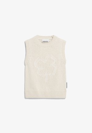Ärmelloser Strickpullover in Off-White mit gerippten Abschlüssen. Besitzt ein dezentes, strukturiertes Blattmuster auf der Vorderseite und ein Etikett an der Seite.