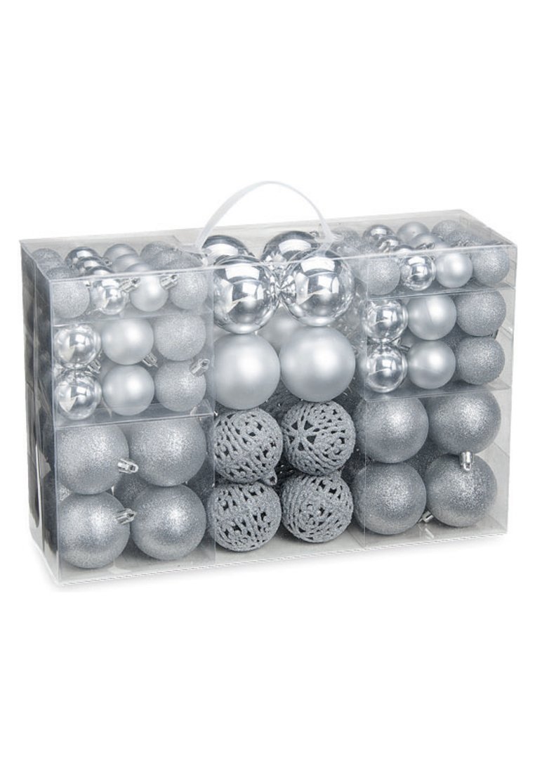 Durchsichtige Kunststoffbox mit Fächern, die glänzende, matte, glitzernde und strukturierte silberne Weihnachtskugeln in verschiedenen Größen enthält, mit einem weißen Griff.