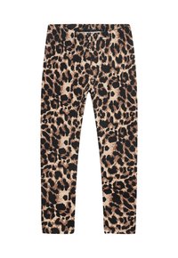 Leggings mit Leopardenmuster aus dehnbarem Stoff, beigem und schwarzem Farbschema, schlankem Schnitt und einem elastischen Bund für zusätzlichen Komfort.