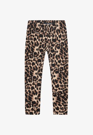 Leggings mit Leopardenmuster aus dehnbarem Stoff, beigem und schwarzem Farbschema, schlankem Schnitt und einem elastischen Bund für zusätzlichen Komfort.