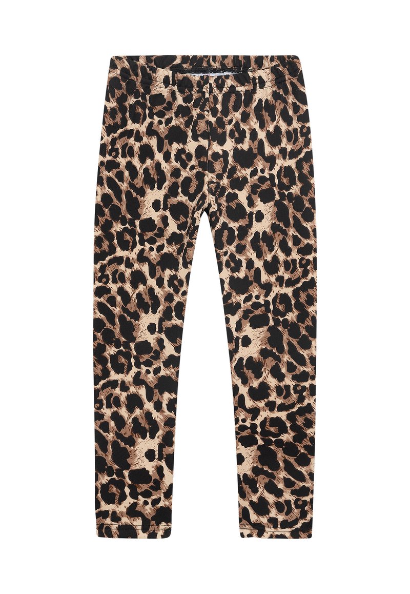 Leggings mit Leopardenmuster aus dehnbarem Stoff, beigem und schwarzem Farbschema, schlankem Schnitt und einem elastischen Bund für zusätzlichen Komfort.