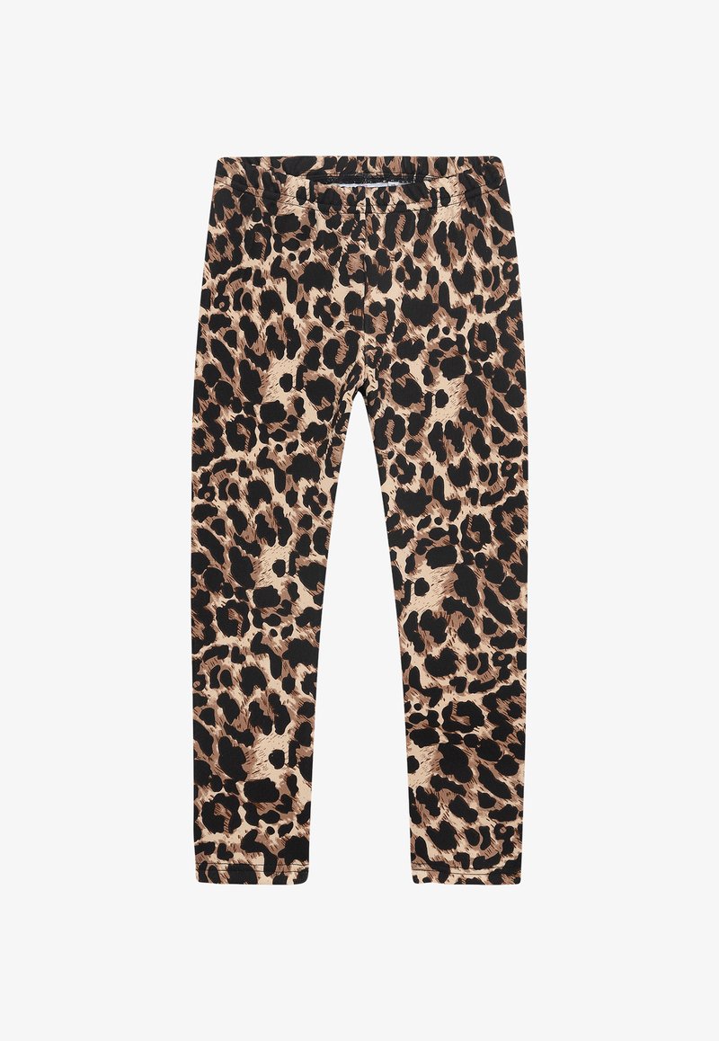 Leggings mit Leopardenmuster aus dehnbarem Stoff, beigem und schwarzem Farbschema, schlankem Schnitt und einem elastischen Bund für zusätzlichen Komfort.