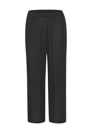 Pantalon noir, léger, à taille élastique, avec une coupe droite et une texture lisse. Pas de motifs visibles ni de détails en métal.