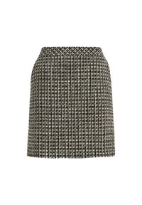 Mini-jupe en tweed noir et blanc avec un motif pied-de-poule texturé. Elle présente une taille cintrée et une silhouette droite.
