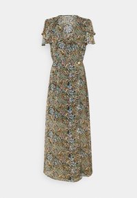 Blommig omlottklänning med korta volangkänslor, med ett grönt och brunt mönster med blå och vita blommor. Tillverkad av lättviktig tyg.