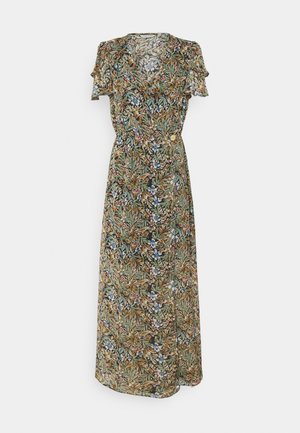 Vestito a portafoglio floreale con maniche corte a volant, caratterizzato da un motivo verde e marrone con fiori blu e bianchi. Realizzato in tessuto leggero.