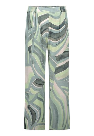 Wijd uitlopende broek met een elastische tailleband, voorzien van een abstract golvend patroon in tinten groen, grijs en wit.