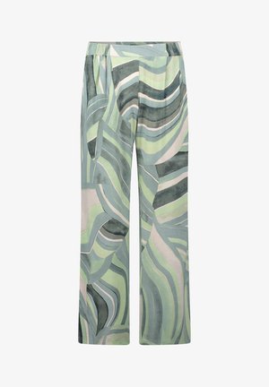 Wijd uitlopende broek met een elastische tailleband, voorzien van een abstract golvend patroon in tinten groen, grijs en wit.