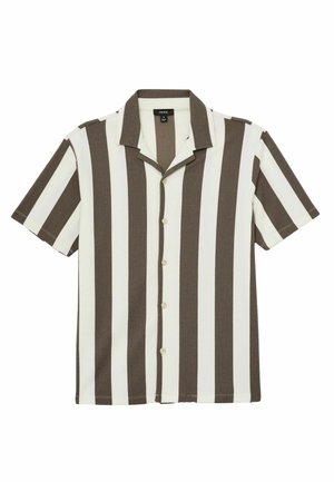 Koszula na guziki z krótkim rękawem o szerokich pionowych brązowo-białych paskach i spiczastym kołnierzykiem.