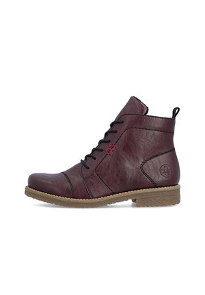 Dark red ankle boot with black laces, brown sole, side stitching, and a small embossed logo near the heel, shown in profile.