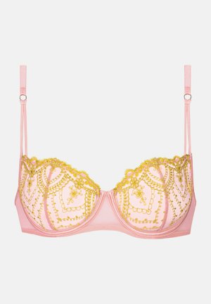 Roze beha met een gestructureerd ontwerp, voorzien van ingewikkeld gele borduurwerk over de cups, verstelbare bandjes en een haaksluiting.