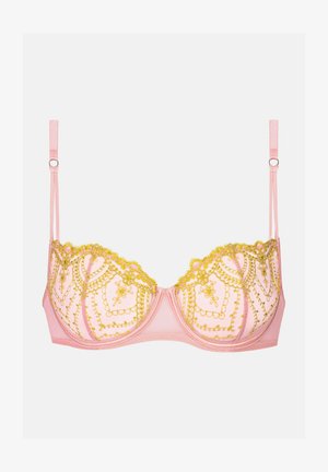 Soutien-gorge rose à la coupe structurée, orné d'une broderie jaune délicate sur les bonnets, avec des bretelles réglables et une fermeture à agrafe.