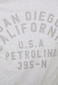 Felpa grigia con grande scritta in grigio scuro che recita "San Diego California U.S.A. Petrolind 395-N", con design a girocollo.