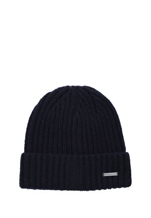 Granatowa dziana czapka beanie z prążkowanym wzorem i złożonym mankietem. Posiada małą metkę z logo na mankiecie.