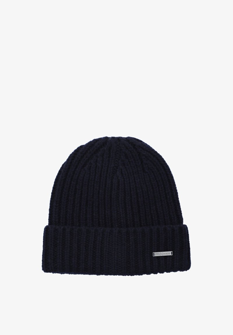 Granatowa dziana czapka beanie z prążkowanym wzorem i złożonym mankietem. Posiada małą metkę z logo na mankiecie.