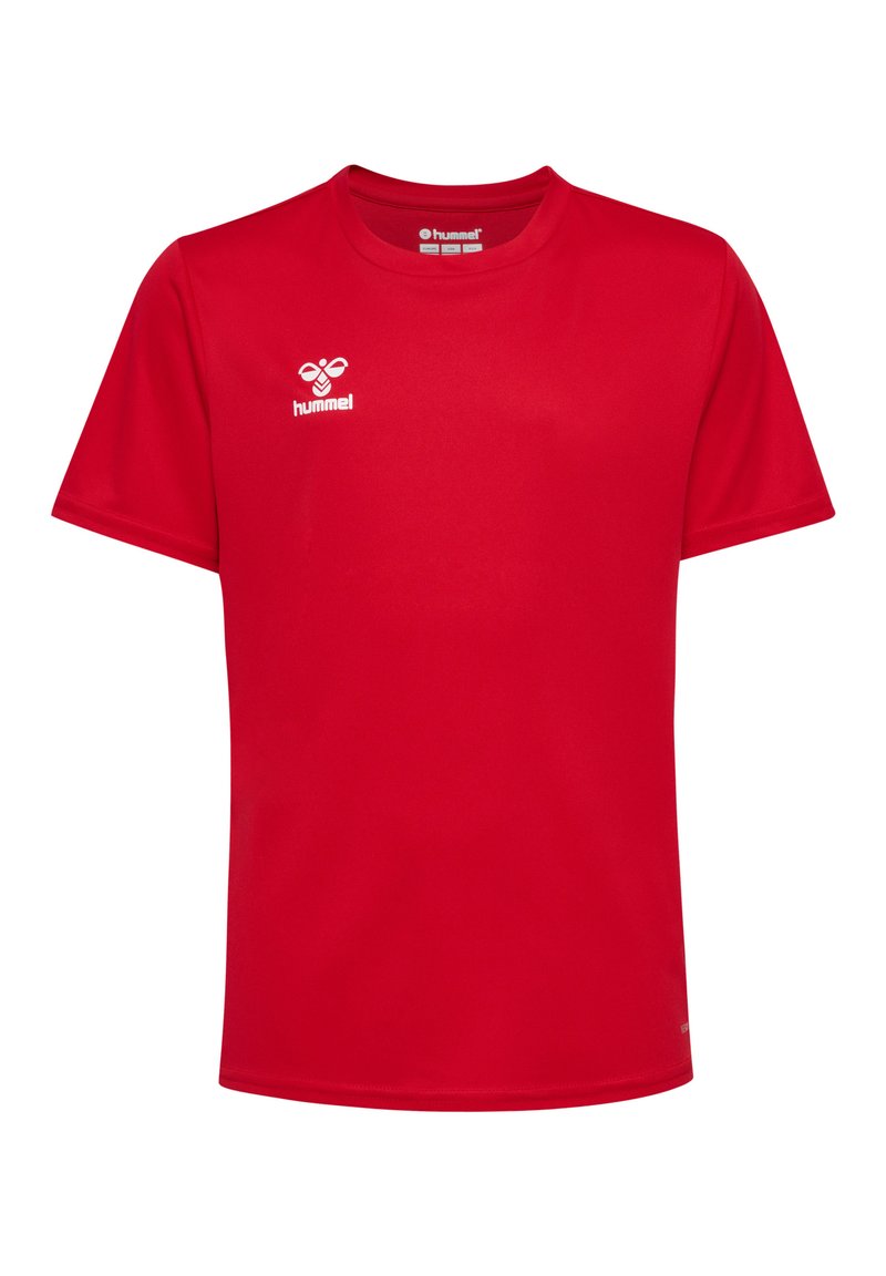 Rode sport T-shirt van synthetisch materiaal, met korte mouwen en een ronde halslijn. Hummel-logo in het wit gedrukt op de bovenste linkerkant.