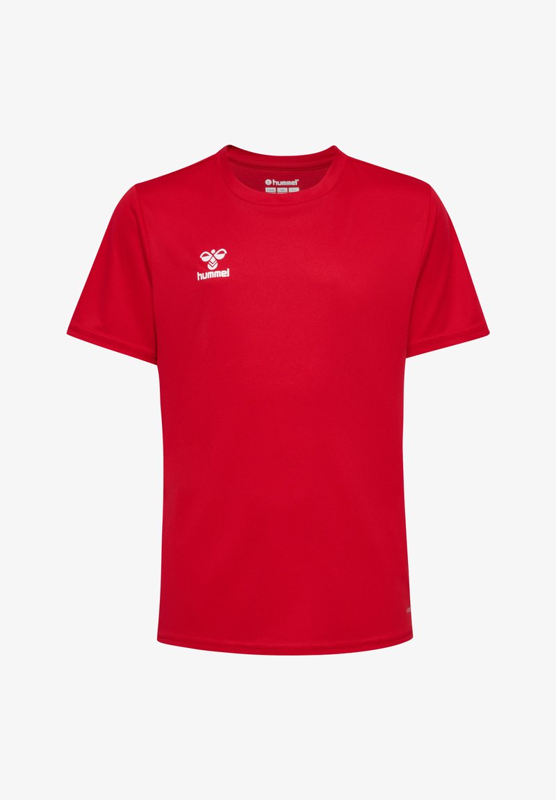 Rotes sportliches T-Shirt aus synthetischem Stoff mit kurzen Ärmeln und rundem Ausschnitt. Hummel-Logo in Weiß auf der oberen linken Seite aufgedruckt.
