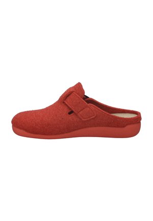 Red felt clogs with a rounded shape, featuring a side strap and a textured upper. The sole is a solid red rubber, providing contrast.