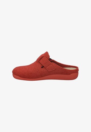 Red felt clogs with a rounded shape, featuring a side strap and a textured upper. The sole is a solid red rubber, providing contrast.