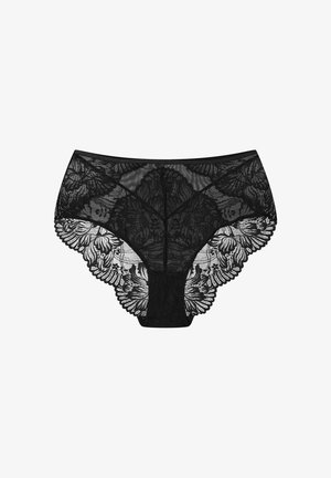 Czarne koronkowe majtki z kwiatowym wzorem, z falbaniastymi brzegami, półprzezroczystym materiałem oraz jednolitą czarną częścią z tyłu.