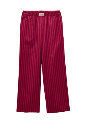 Rote gestreifte weite Hose mit elastischem Bund. Glattes Material mit weicher Textur. Senkrechte Streifen in verschiedenen Rottönen.