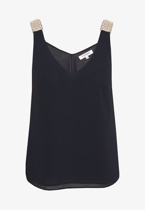 Černý top bez rukávů s V-výstřihem a ozdobnými stříbrnými prvky na ramínkách. Hladká textura a volný střih.
