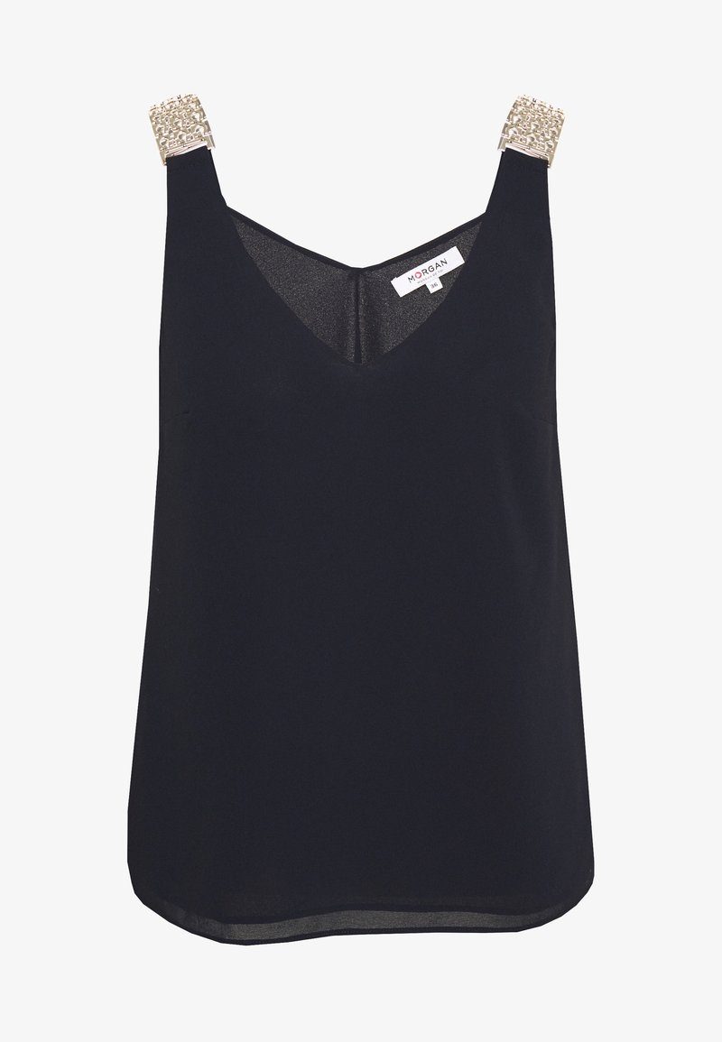 Haut sans manches noir avec un décolleté en V et des éléments en argent embellis sur les bretelles. Texture lisse et coupe décontractée.