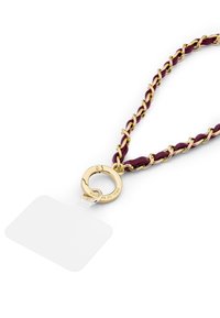 Naszyjnik z łańcucha w złotym odcieniu z głęboko burgundowymi, przeplatanymi ogniwami, z okrągłym zapięciem i przezroczystym uchwytem na metkę.