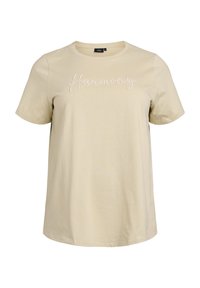 Beige bavlněné tričko s krátkým rukávem, kulatým výstřhem a vyšívaným nápisem "Harmony" bílou barvou na prsou. Hladký povrch.