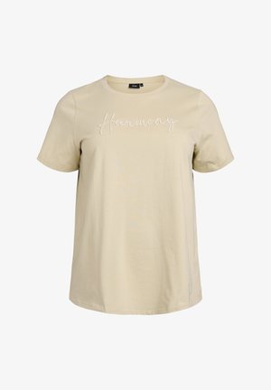 Beige bavlněné tričko s krátkým rukávem, kulatým výstřhem a vyšívaným nápisem "Harmony" bílou barvou na prsou. Hladký povrch.