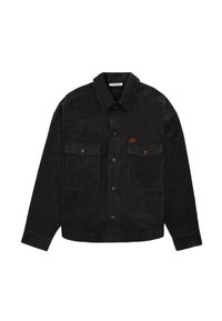 Black corduroy button-up jacket with two chest pockets and a small red embroidered logo on the left pocket.