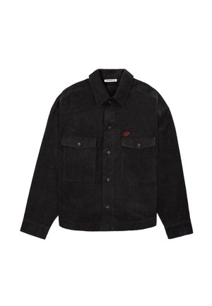 Black corduroy button-up jacket with two chest pockets and a small red embroidered logo on the left pocket.