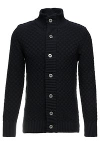 Cardigan blu scuro lavorato a maglia con collo alto, caratterizzato da un motivo a quadri testurizzato, polsini a coste e sei bottoni d'argento sulla parte anteriore.