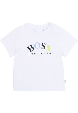 Weißes Baby-T-Shirt mit kurzen Ärmeln, vorne mit mehrfarbigem "BOSS"-Schriftzug und kleinem "HUGO BOSS"-Schriftzug darunter, ausgestattet mit zwei Druckknöpfen an der Schulter.