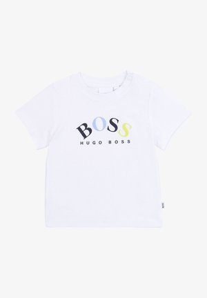 Wit baby T-shirt met korte mouwen, voorzien van multicolor "BOSS" tekst en kleinere "HUGO BOSS" tekst eronder aan de voorkant, met twee drukknoopjes op de schouder.