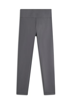 Leggings grigi di tessuto elastico, con un alto punto vita e una texture liscia, senza motivi visibili o elementi metallici.