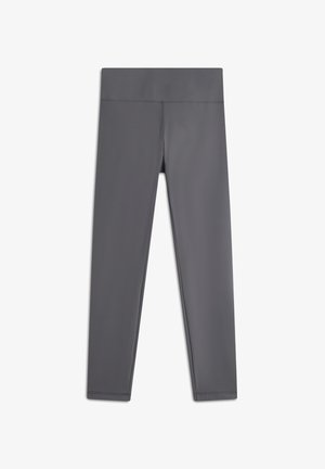 Leggings grigi di tessuto elastico, con un alto punto vita e una texture liscia, senza motivi visibili o elementi metallici.