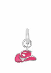 Charm di cappello da cowboy rosa con hardware in argento. Il cappello presenta un accento a forma di stella bianca e un design con visiera curva. Texture liscia, forma compatta.