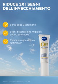 Crema NIVEA Q10 Anti-Rughe in tubo, bianca con accenti blu, presenta un testo che indica i benefici anti-invecchiamento. Design liscio e cilindrico.
