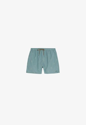 Light blue swim shorts with lace-up waist and subtle skull patterns, designed for casual beach and poolside wear.