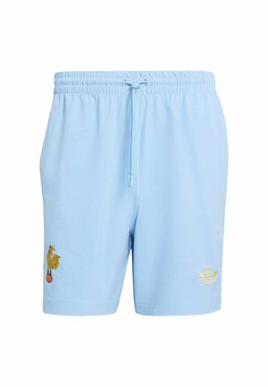 Lyseblå atletikshorts med elastisk talje og snøre, med guldhanemblem på venstre ben og guld Adidas-logo på højre ben.