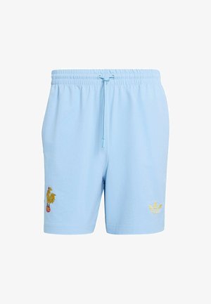 Lyseblå atletikshorts med elastisk talje og snøre, med guldhanemblem på venstre ben og guld Adidas-logo på højre ben.