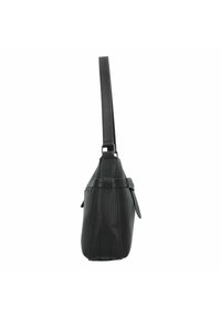 Schwarze Leder-Umhängetasche mit strukturierter Oberfläche, verstellbarem Trageriemen und Seitentaschen, mit einer einfachen, geschwungenen Silhouette.