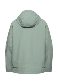 Hellgrüne wasserdichte Jacke mit Kapuze, lockerem Schnitt, dezenten Steppdetails und geradem Saum. Rückansicht dargestellt.