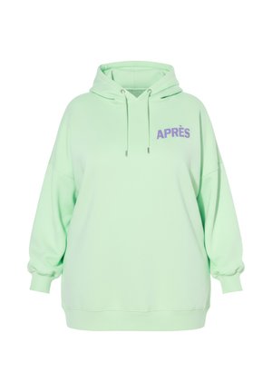 Mintgrøn oversized hættetrøje med frontsnore og lilla "APRÈS" tekst trykt på øverste venstre bryst.