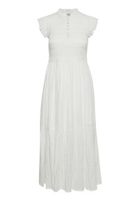 Biała sukienka z krótkim rękawem, wysokim dekoltem, fasonem ze stretchu, detalem z guzików i lekko opadającą spódnicą o teksturowanym wzorze.