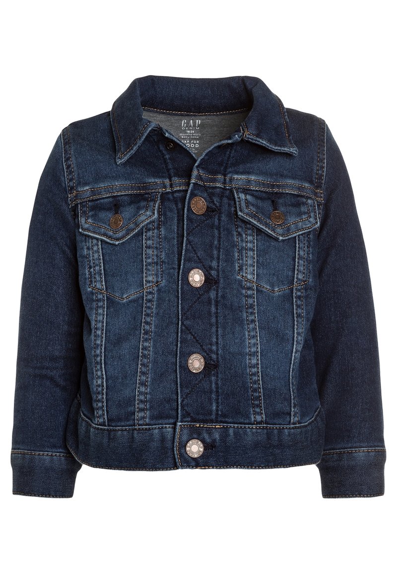 Tmavě modrá džínová bunda s límcem, předními kapsami a zapínáním na knoflíky. Má kontrastní švy a kovové knoflíky.