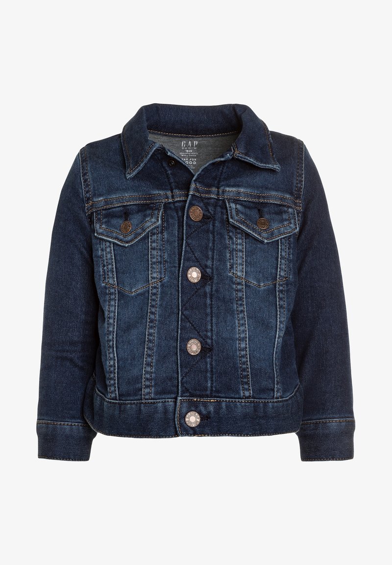 Tmavě modrá džínová bunda s límcem, předními kapsami a zapínáním na knoflíky. Má kontrastní švy a kovové knoflíky.